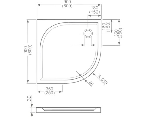 Technický nákres sprchové vaničky s rozměry