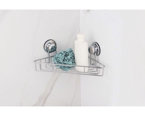 Rohová police pro sprchové doplňky s přísavkami, koupelovou houbou a lahví sprchového gelu