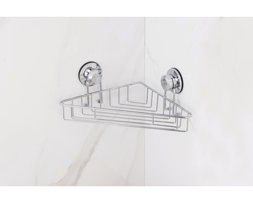 Rohová police z kovu s přísavkami pro ukládání v koupelně