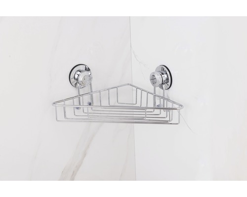 Rohová police se sacími sponami pro upevnění v koupelně