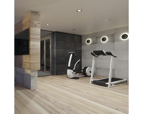 Fitness místnost s veslovacím trenažérem, běžeckým pásem a dřevěnou podlahou