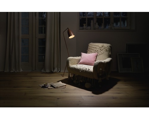 Obývací pokoj s křeslem, stojací lampou a dřevěnou podlahou