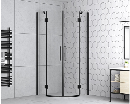 Čtvrtkruhová sprcha basano Romallo 90 x 90 cm pravé sklo čiré světlé profil černá dvoukřídlé dveře