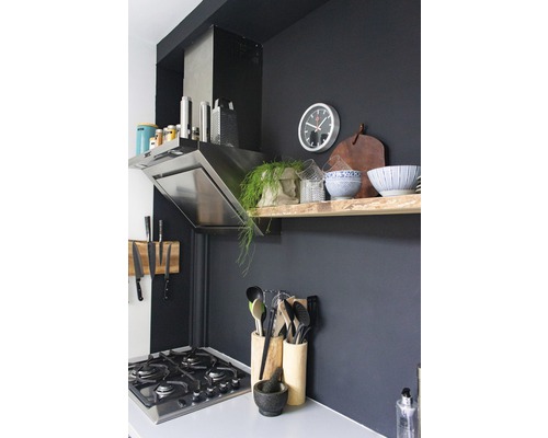 Kuchyňská scéna s sporákem, odsavačem par, kuchyňským náčiním a nástěnnou policí