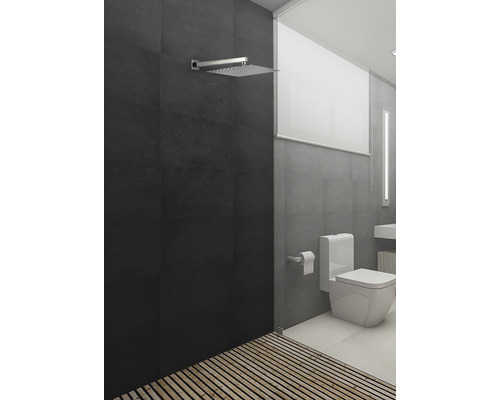 Moderní koupelna se sprchou, toaletou a dřevěnou podlahou