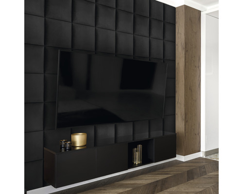 Obývací pokoj s černými akustickými stěnovými panely a televizním nábytkem