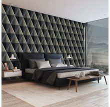 Moderní ložnice s trojrozměrnou tapetou, postelí a nočními stolky.