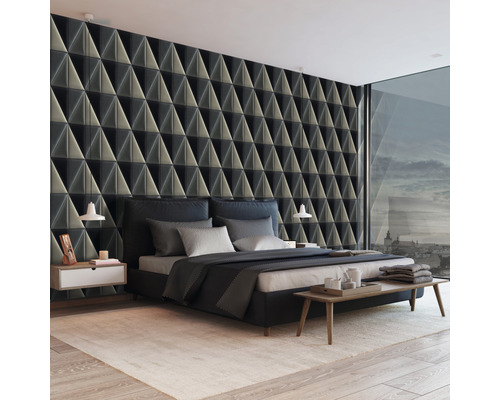 Moderní ložnice s trojrozměrnou tapetou, postelí a nočními stolky.