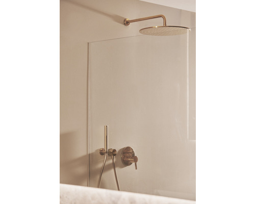 Sprchová hlavice se sprchovým ramenem a armaturou na sprchové stěně