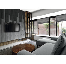 Obývací pokoj s pohovkou, televizí, regálem a kulatým stolem