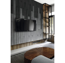 Obývací pokoj s televizí, stěnovými panely, policí a konferenčním stolkem