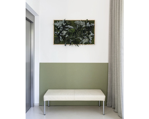 Dekorativní mechový obraz nad bílou lavicí v chodbě