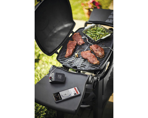 Grilovací scéna se steaky, zelenou zeleninou, grilovacím teploměrem a chytrým telefonem na grilu