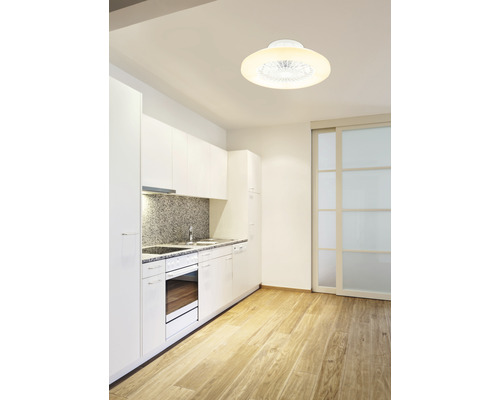 Světlá místnost s kuchyňským koutem a stropním ventilátorem s osvětlením