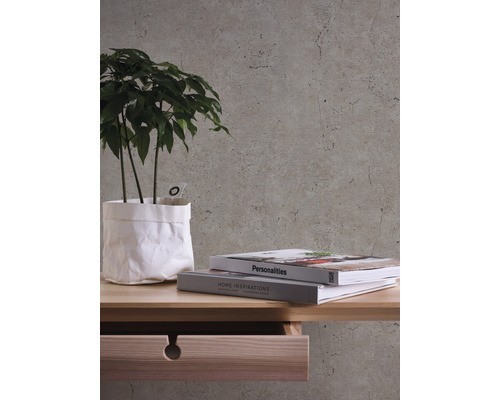 Pokoj s rostlinou, knihami a dřevěným nábytkem před tapetou