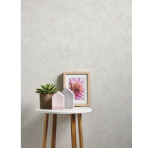 Dekorativní scéna s rostlinou, domky a zarámovaným obrázkem na stole před strukturovanou zdí