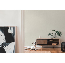 Světlá místnost s tapetou se vzorem, dřevěnou komodou a psem