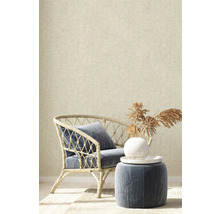 Dekorativní interiér s ratanovým křeslem, polštářem a odkládacím stolkem před béžovou tapetou.