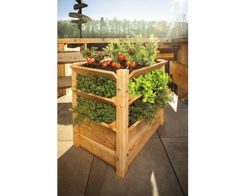 Dřevěný vyvýšený záhon s bylinkami a rajčaty na terase