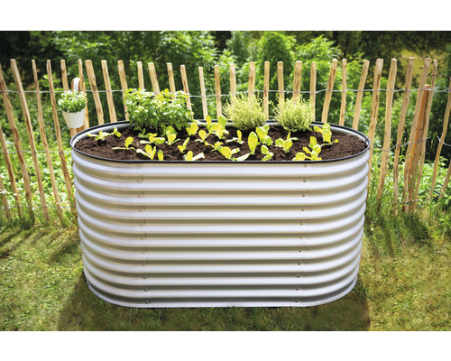 Kovový vyvýšený záhon s rostlinami v zahradě