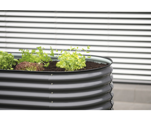 Kovový vyvýšený záhon s bylinkami a salátem