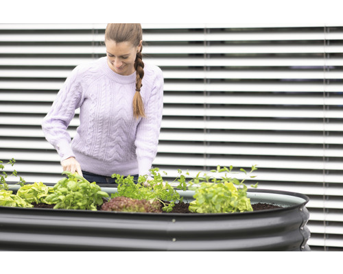 Žena sází do vyvýšeného záhonu různé druhy salátů a bylinek.