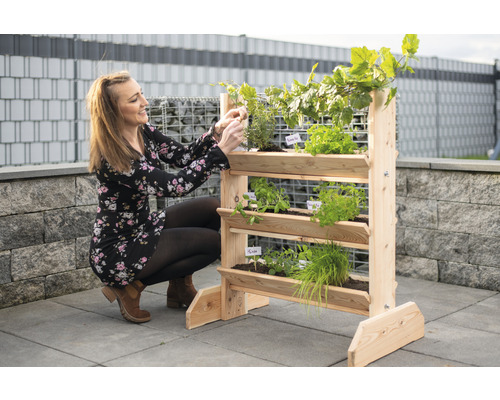 Dřevěný vyvýšený záhon s různými bylinkami a rostlinami