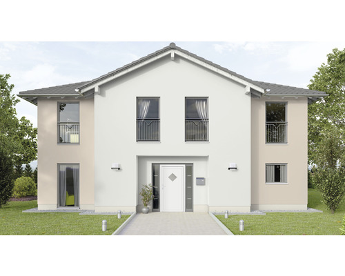 Exteriér dvoupodlažního domu se vstupními dveřmi a okny