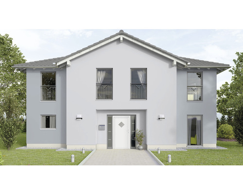 Pohled na dvoupodlažní rodinný dům se vstupními dveřmi a okny