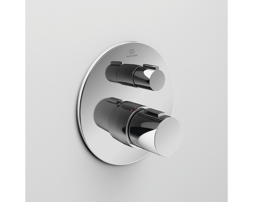 Nástěnná termostatická baterie se dvěma kulatými ovládacími prvky pro koupelnu