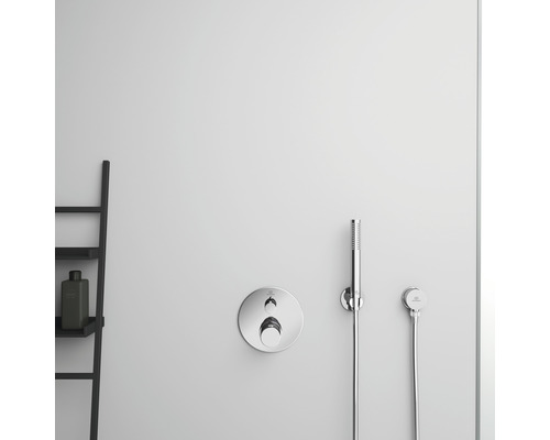 Sprchová baterie s ruční sprchou a odkládacím žebříkem v koupelně