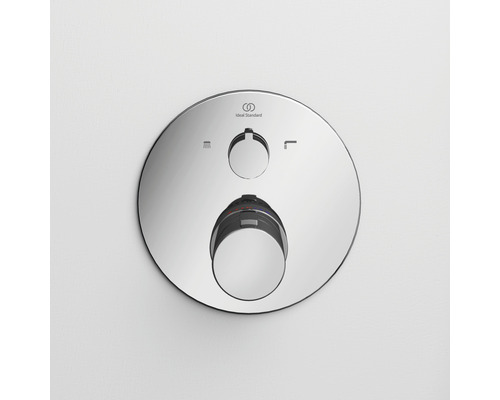 Logo Ideal Standard. Nástěnný sprchový termostat se dvěma kulatými otočnými knoflíky.