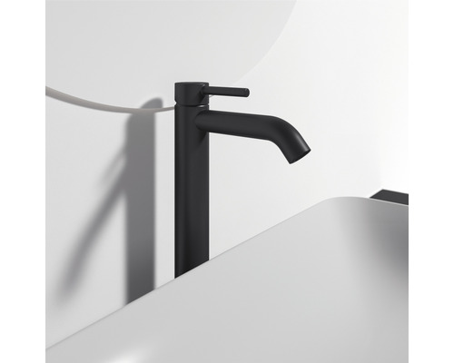 Černá umyvadlová baterie na umyvadle