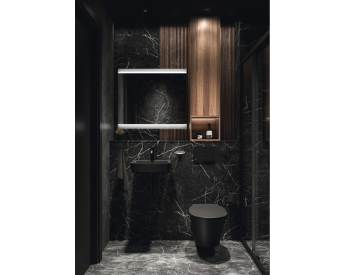 Moderní koupelna s mramorovými stěnami, umyvadlem, zrcadlem a toaletou