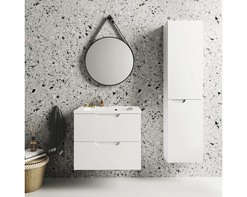 Moderní koupelnový set s umyvadlovou skříňkou, zrcadlovou skříňkou a kulatým zrcadlem