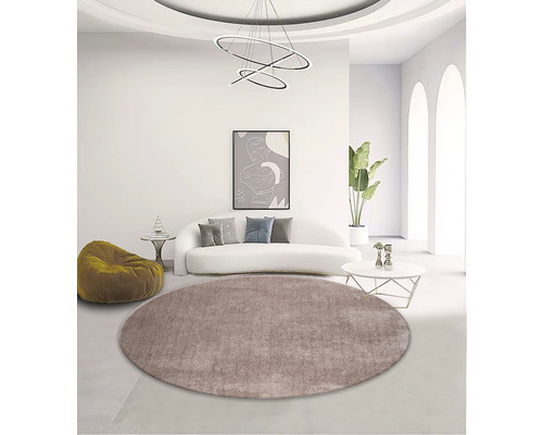 Obývací pokoj s kulatým kobercem, pohovkou a dekorací