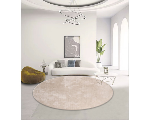 Světlý obývací pokoj s kulatým kobercem, pohovkou, lampou a dekorací