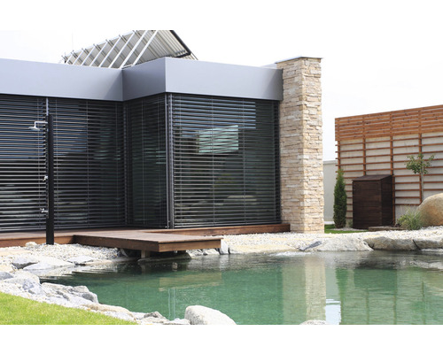 Moderní dům s bazénem, žaluziemi a prvky z přírodního kamene