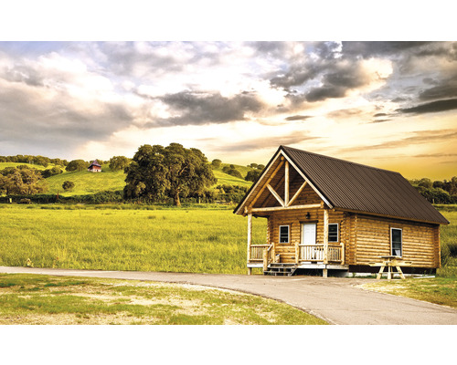 Srub s dřevěnými stěnami a kovovou střechou ve venkovském prostředí.