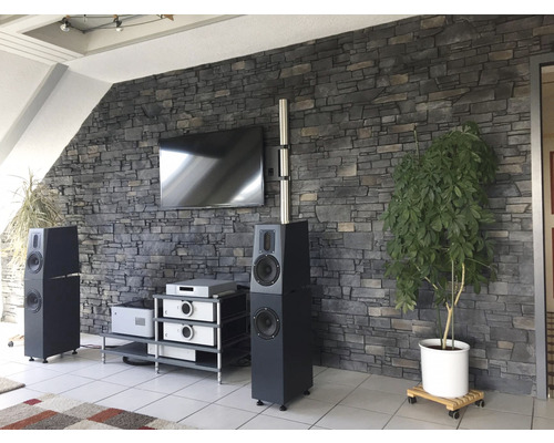 Obývací pokoj s reproduktory, televizí a kamennou zdí