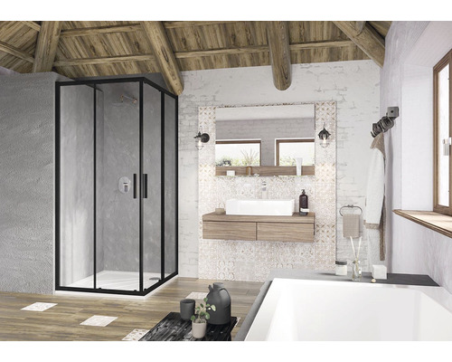 Koupelna se sprchovým koutem, umyvadlem a zrcadlem