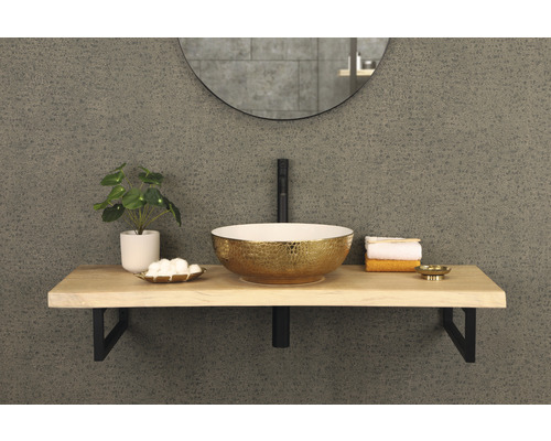 Koupelnová umyvadlová skříňka s umyvadlem na desku, baterií, zrcadlem a dekorací