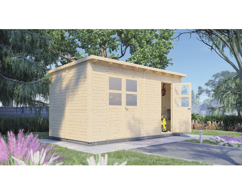 Dřevěný zahradní domek s oknem a otevřenými dveřmi na zahradě