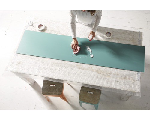 Žena čistí pracovní desku čisticím prostředkem a hadříkem na stole.