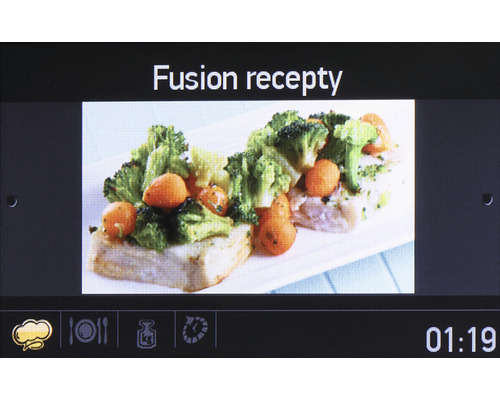 Zobrazení obrazovky zařízení zobrazující fúzní recepty se zeleninou