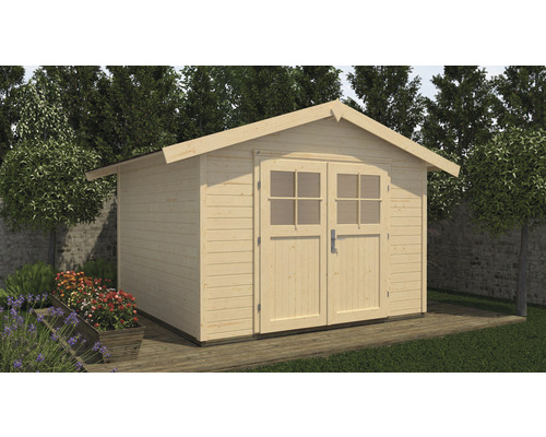 Dřevěný zahradní domek s dvoukřídlými dveřmi a okny