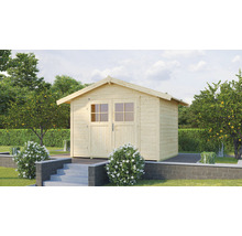 Dřevěný zahradní domek s dvoukřídlými dveřmi a okny na zahradě