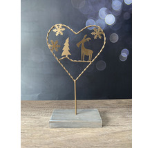 Dekorace srdce s jelenem, stromem a sněhovými vločkami na dřevěném podstavci