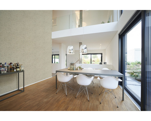 Světlá jídelna s jídelním stolem a židlemi, otevřený design s velkými okny a výhledem do zahrady