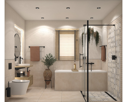 Obklad Dlažba imitace betonu Cementine creme 60x120 cm Koupelna s toaletou, umyvadlem, zrcadlem, vanou a sprchovým koutem